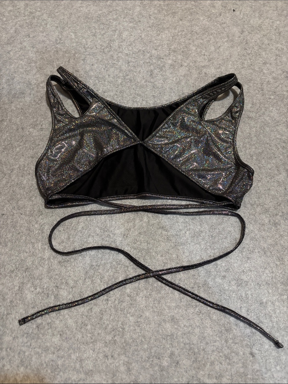 iHeartRaves Shimmery Metallic Holographic Black Strappy Cutout Top